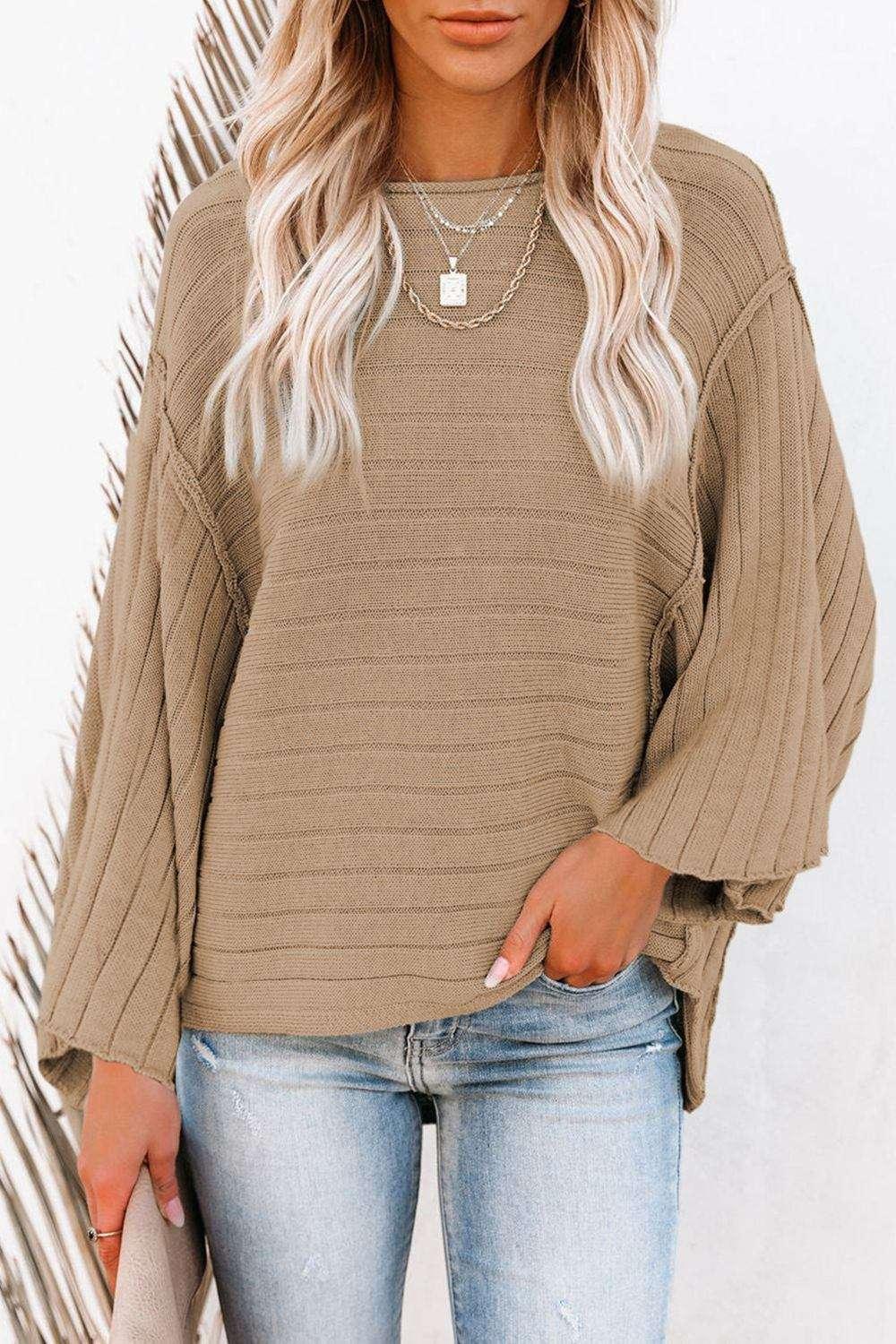 Round Neck Long Sleeve Knit Top - VILLA FASHION